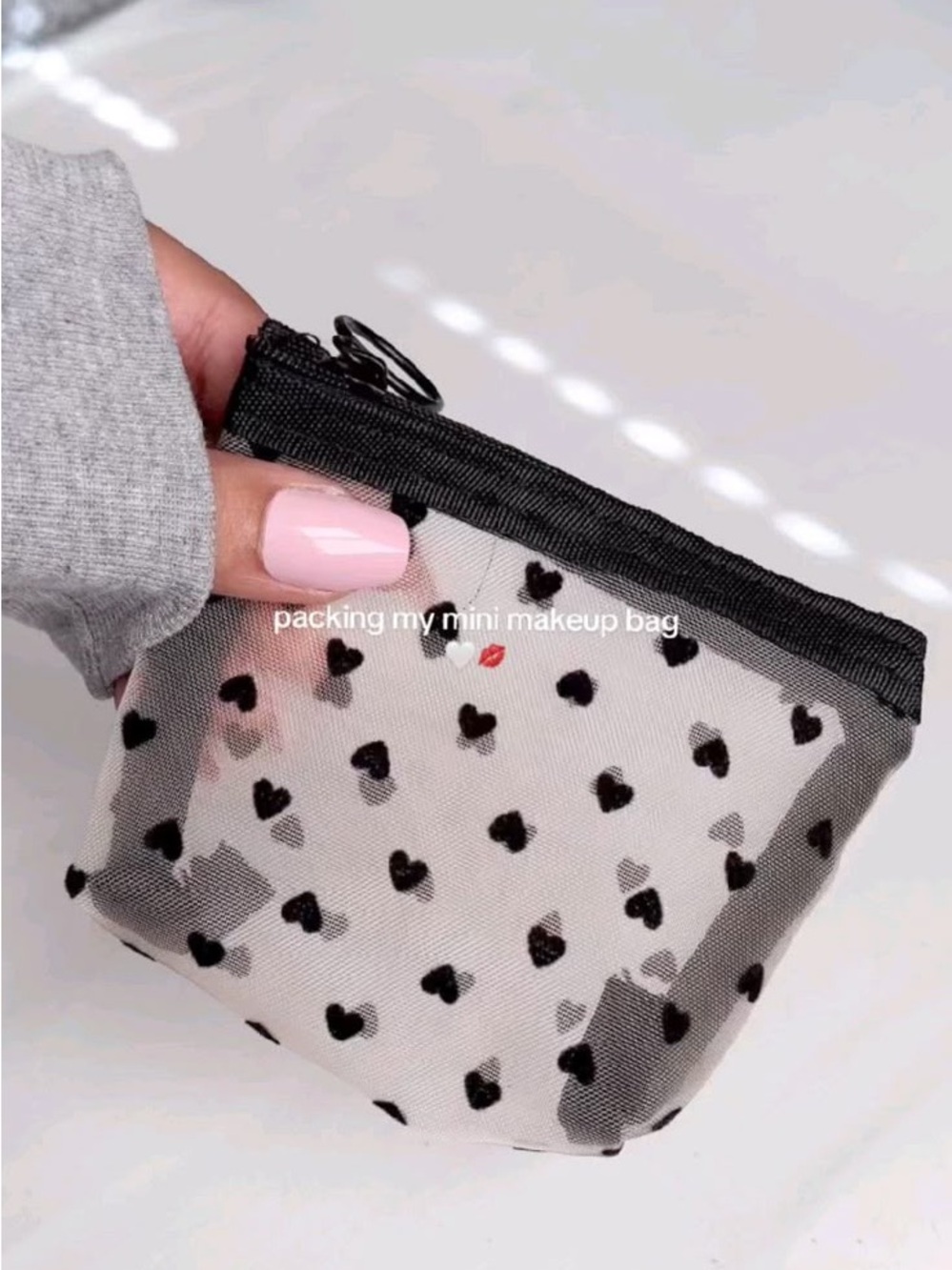 Mini Heart Print Mesh Makeup Bag - Black